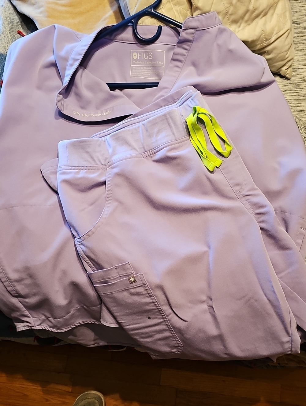 FIGS Lavender Track Pants with Neon Yellow Drawstring